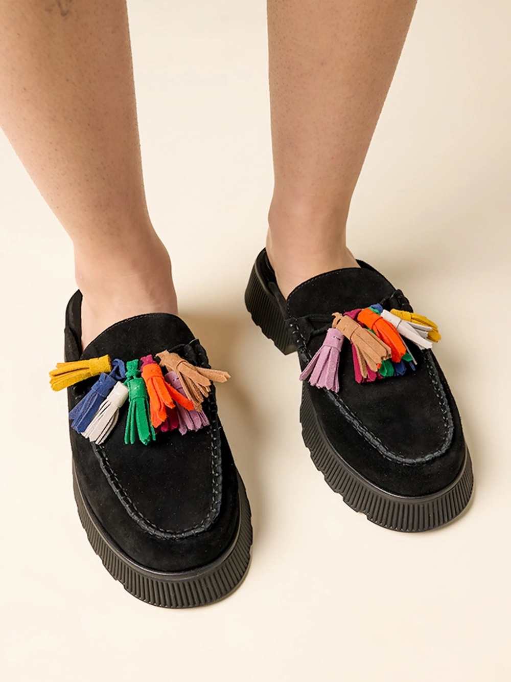 Charlotte Stone Black Suede Tassel Clogs with Multicolor Accents 10